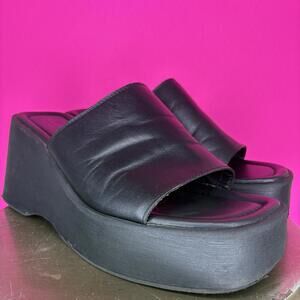 Aldo Black Leather Wide Strap Chunky Platform Slip-On Sandal Sz 11